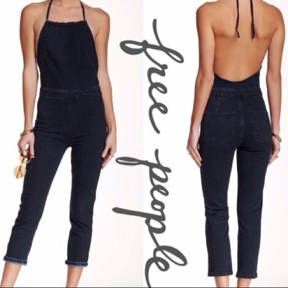 Free People Denim Halter Jumpsuit